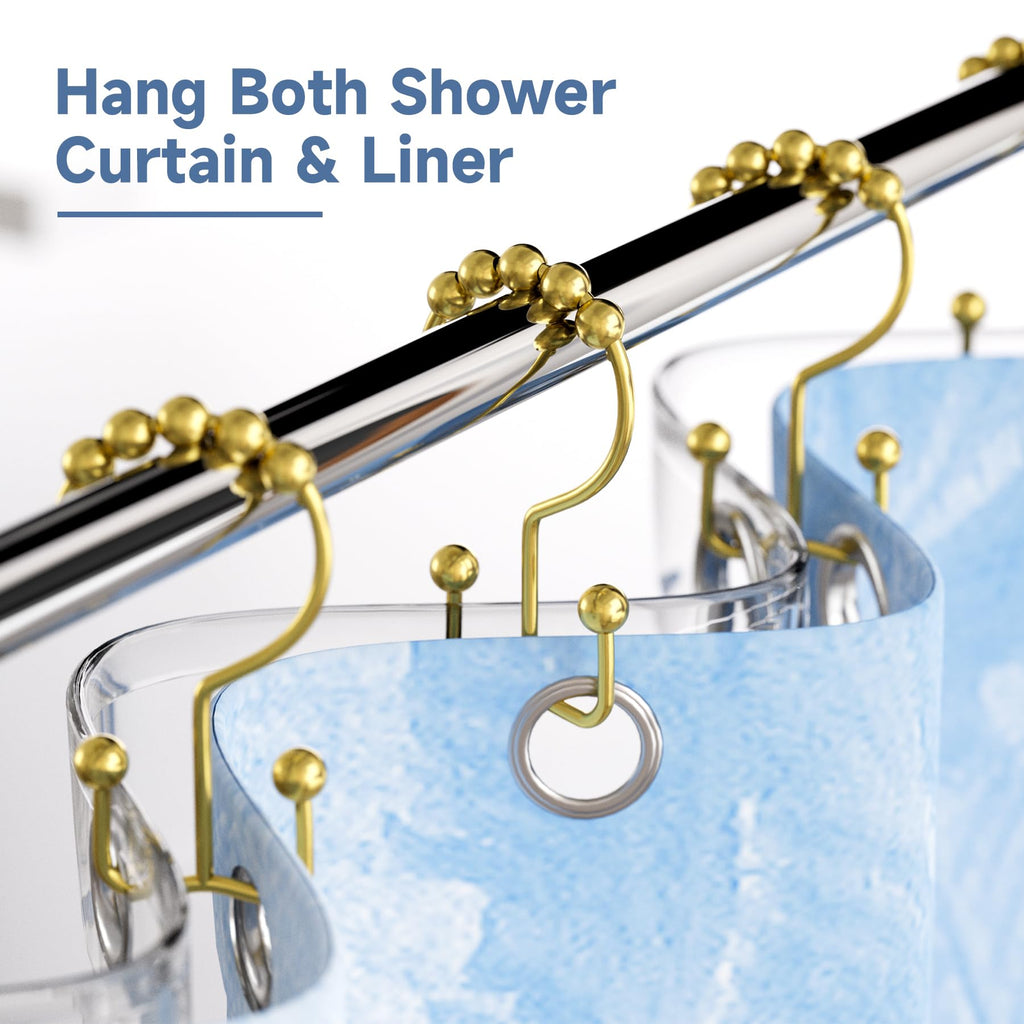 Gold Shower Curtain Hooks Rings, Rust-Resistant Metal Double Glide Shower Hooks Rings Shower Curtains Rods, Set of 12