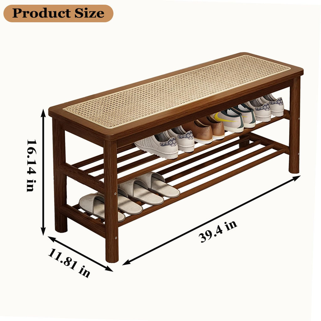Bamboo Shoe Rack Bench with Rattan Seat, 3-Tier Shoe Storage Bench, Entryway Bench, Walnut 39.4 inches