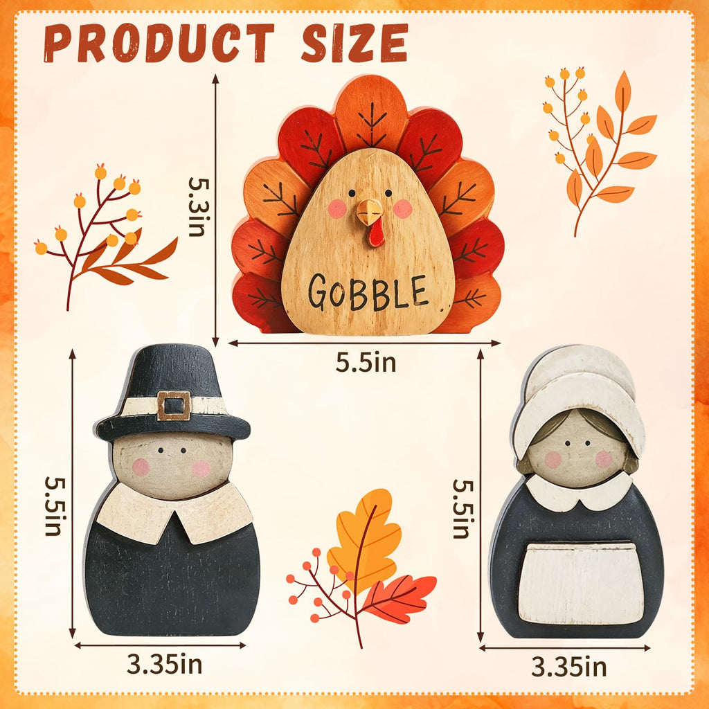 3 Pcs Thanksgiving Decor Fall Pilgrim Turkey Wooden Table Decorations, Thanksgiving Decorations Indoor, Pilgrim Decor