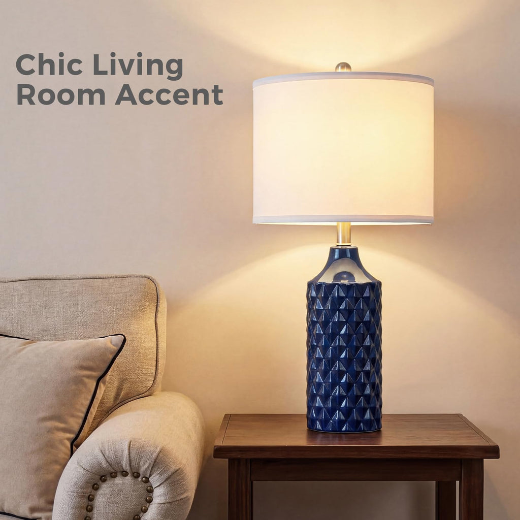 Modern Ceramic Table Lamp, Set of 2 - Navy Blue with Diamond Protrusions Texture, 25'' Nightstand Lamp Living Room