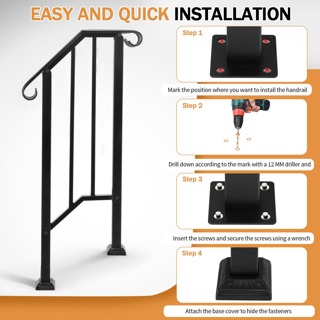 Handrails for Outdoor Steps, Black Wrought Iron Fits 1 Step
