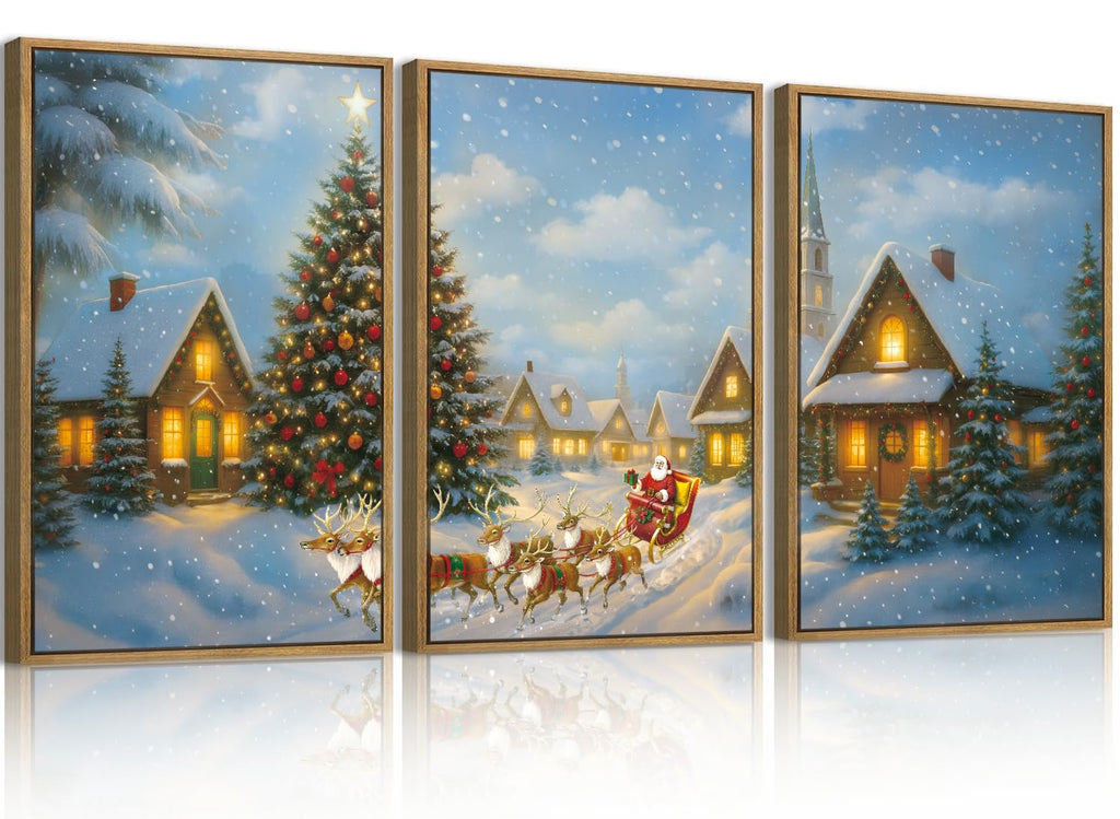Christmas Wall Art Framed Santa Claus Wall Art Decor Santa Winter Wall Painting Bedroom Dining Room 16x24 Inches Set