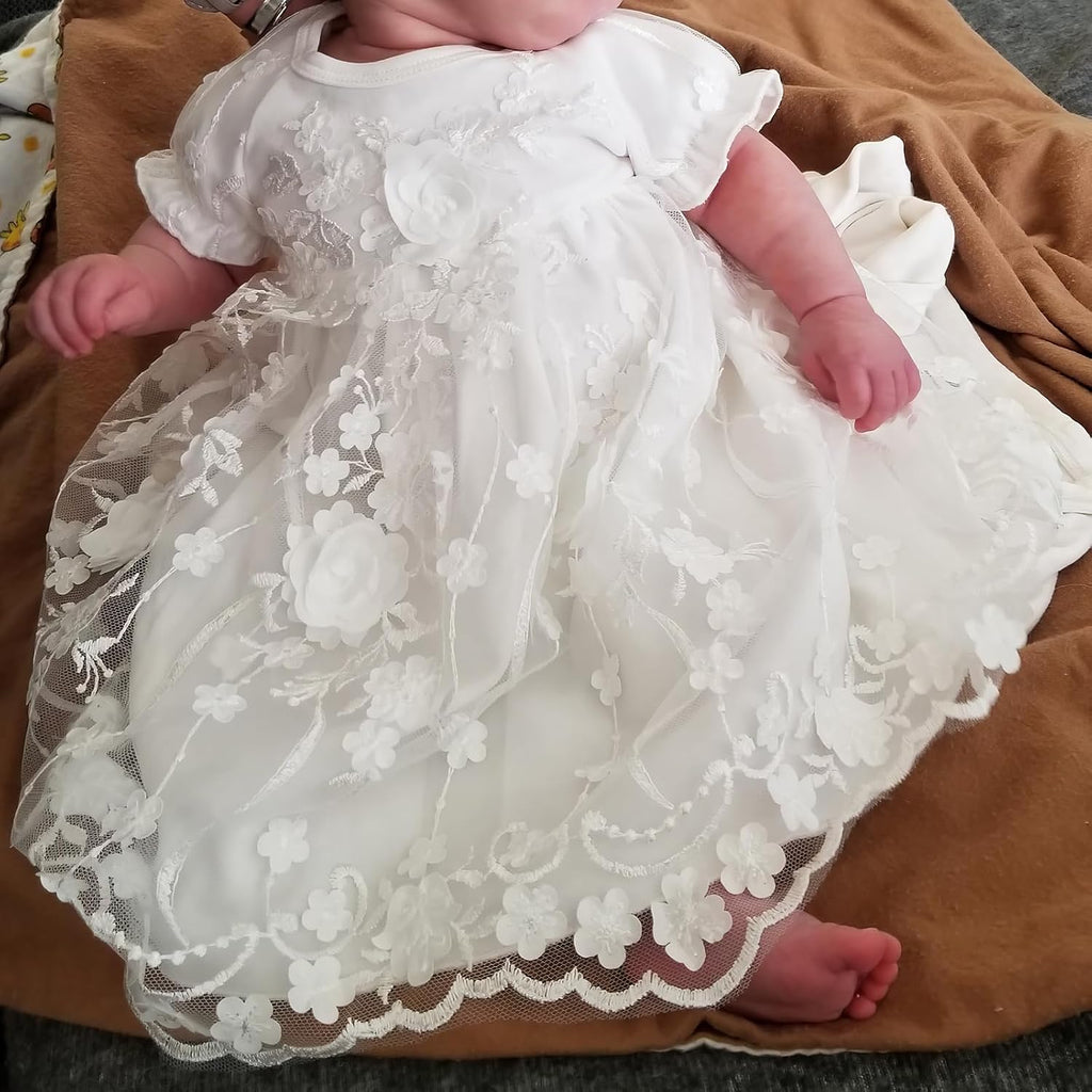 Baby Girls Christening Baptism Dress Delicate Embroideried Lace Gowns with Bonnet for Wedding Party