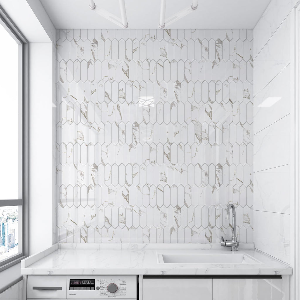 Glossy White Marble with Gold Veining Backsplash Tile Peel and Stick, 12.8 x 12.8 Inch 10 Sheets Long Hexagon PVC