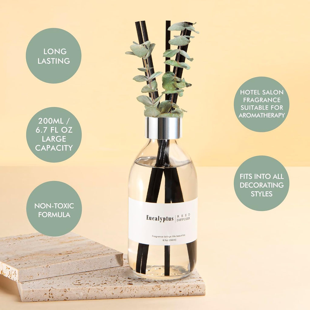 Reed Diffuser Set, 6.7 oz Eucalyptus Scented Diffuser with Sticks, Home Fragrance Reed Diffuser Shelf Decor