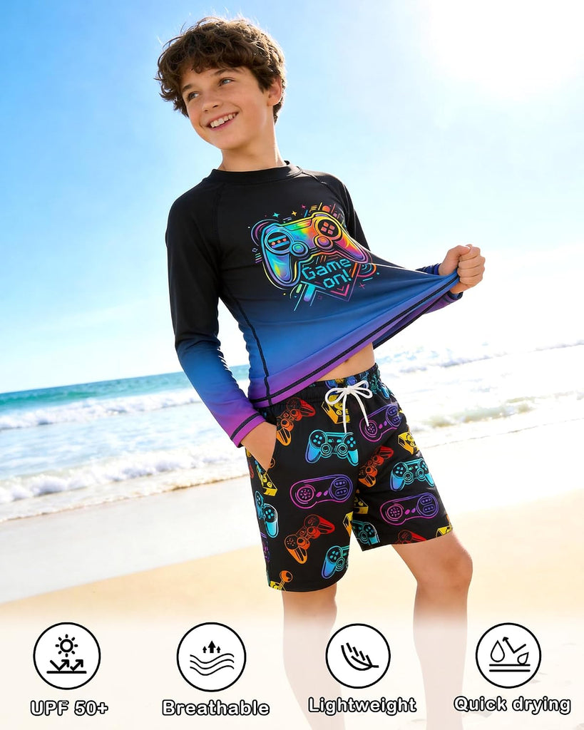 Boys Two Piece Rash Guard Swim Set Kids Long Sleeve Swimsuits with Swim Trunks Quick Dry Bathing Suit
