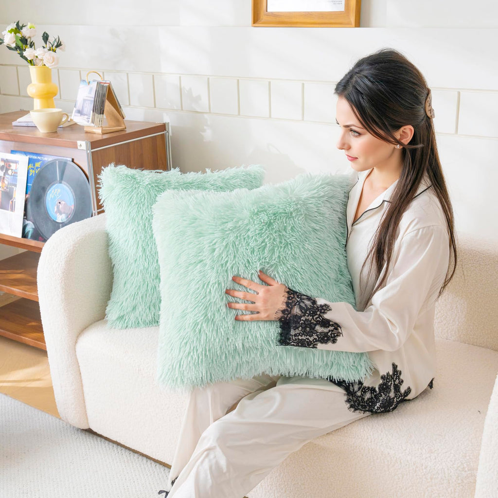 Faux Fur Mint Green Throw Pillow Covers, Fluffy Soft Fuzzy Decorative Pillow Cases Cute Pillowcases Bedroom Living