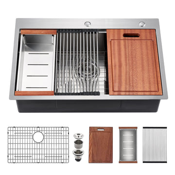 33 x 22 Inch Drop Sink Workstation, 33 Inch Handmade Single Bowl Kitchen Sink 18 Gauge Stainless Steel, 9" Deep Top