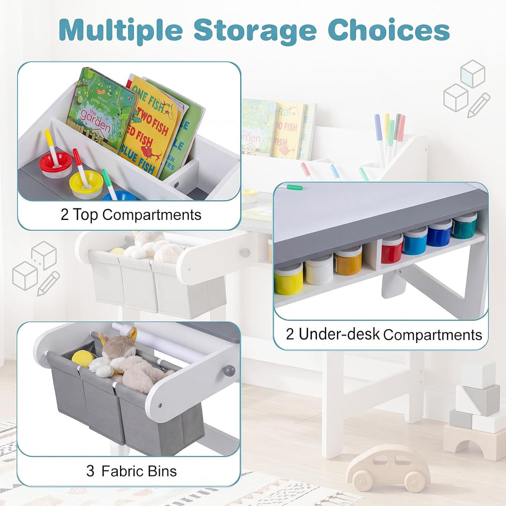 Kids Art Table and Chair Set, Wooden Craft Table with Paper Roll