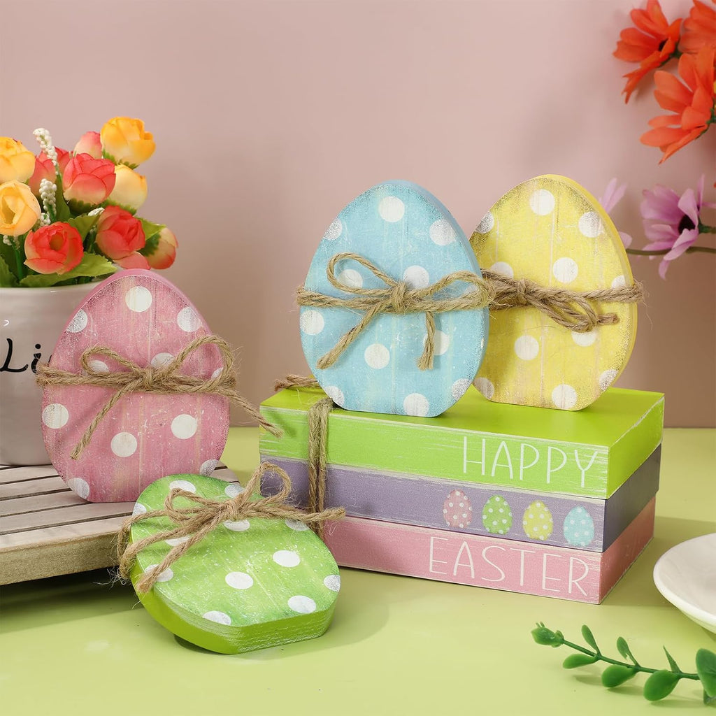 Easter Wooden Tiered Tray Decor Faux Stacked Books Colorful Polka Dot Egg Table Centerpiece Block Signs - Set of 7