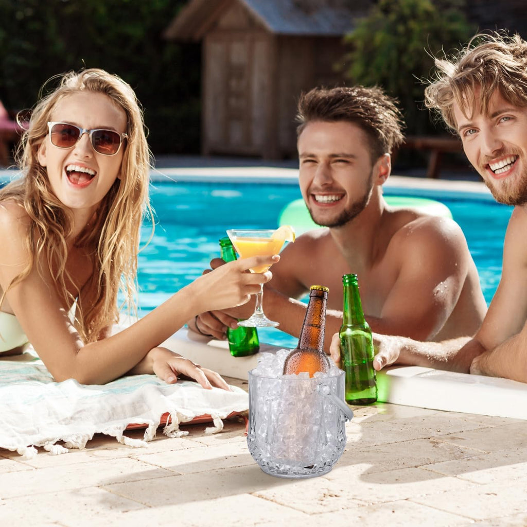 Small Plastic Ice Bucket with Tongs and Handle Clear Portable Ice Cube Bucket 5.11 Height for Wine Beer Beverage