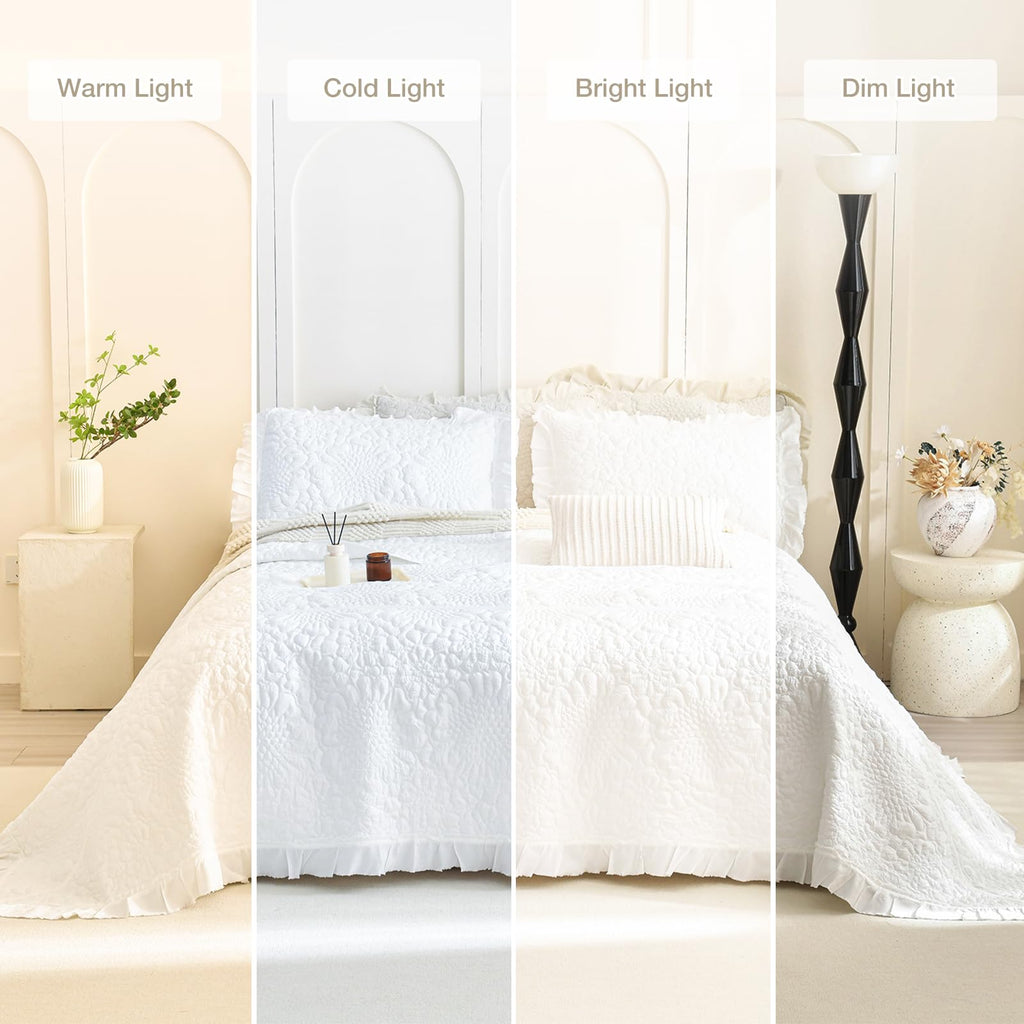 Ruffled Oversized Quilt Bedding Set(102"x118"), White Lightweight Crinkled Bedspread Oversized
