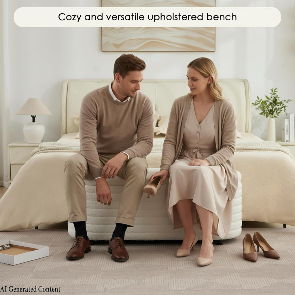 45.5" Storage Teddy Ottoman Bench Upholstered Fabric Bench Hidden Storage Chest with Slow-Close Safety Hinge , White