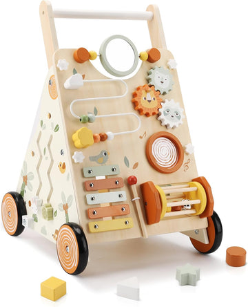 Wooden Baby Walker, Baby Push Walker with Activity Center for Girls Boys, Montessori Push Walker Toys for Babies