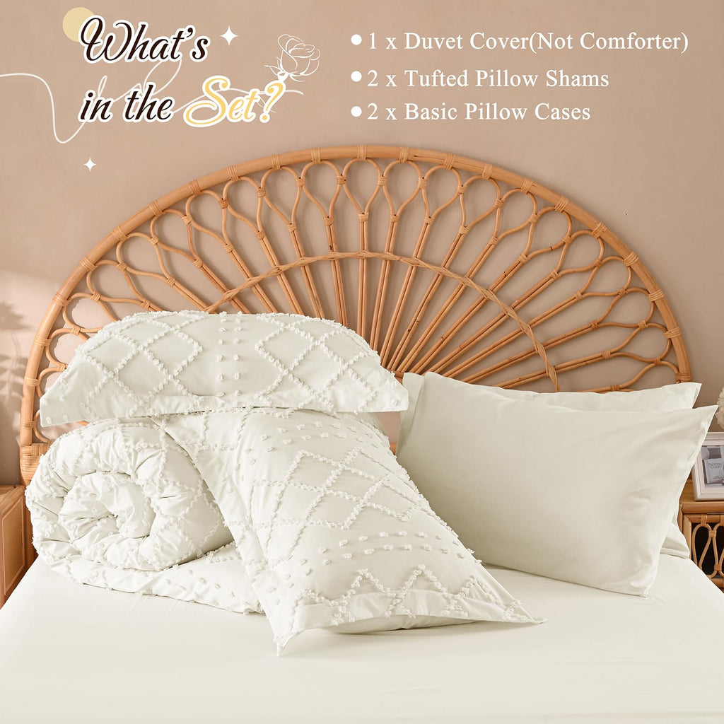 Beige Tufted Duvet Cover Set, 5 Piece Boho Queen Bedding