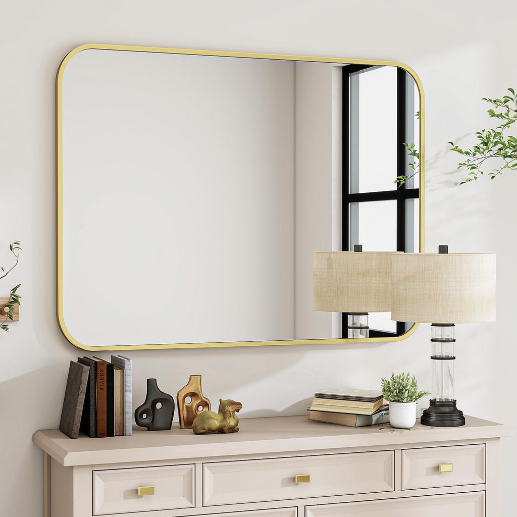 30x40 Black Metal Frame Rectangle Vanity Mirror,Rounded Corners