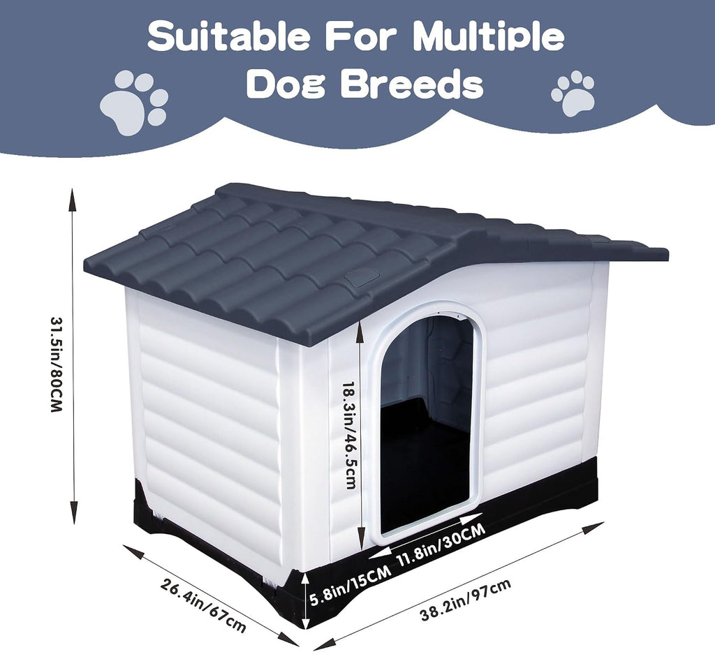 2-Door Large Dog House for Indoor and Outdoor Dog House with Fold-Out Porch Elevated Base, Waterproof Pet House