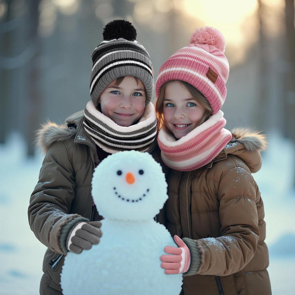 Kids Winter Hat Gloves Scarf Set: Girls Boys Beanie Fleece Lined