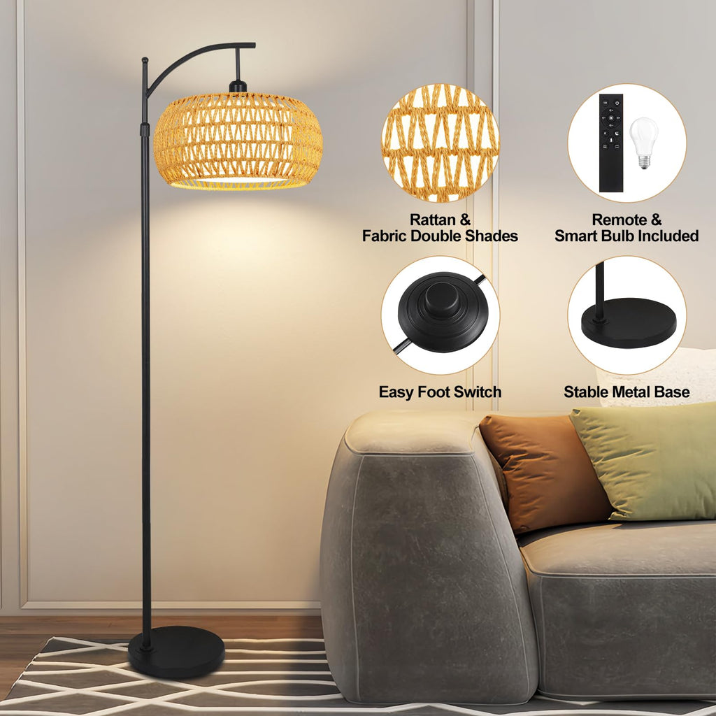 Arc Floor Lamps Rattan Boho Floor Lamp with Remote Control,Dimmable LED Floor Lamp Wicker Lamp Shades Black Standing