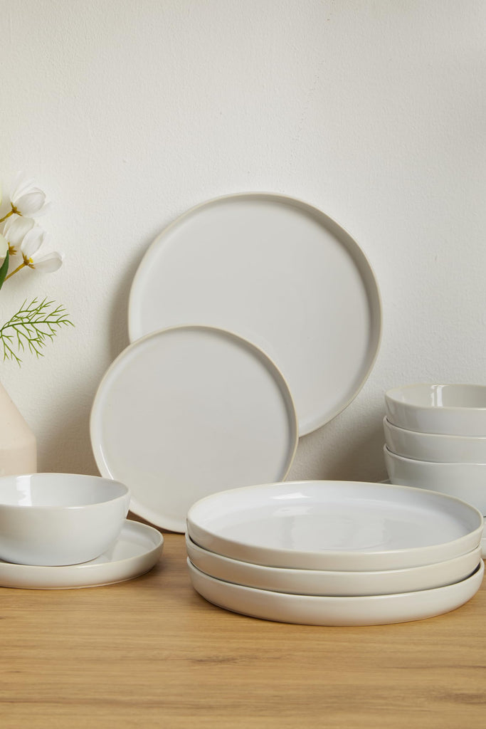 Minimalist Dinnerware Set, 24 Piece Fog White Plates and Bowls Set for 8 - Sculpted Ceramic Dish Sets for Gatherings