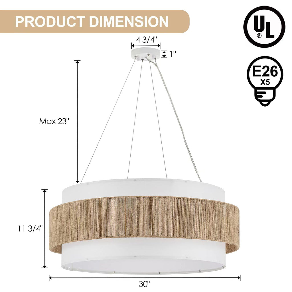 30" Fabric Rattan Chandelier Boho Hand Woven Coastal Pendant Light Adjustable Drum Large Pendant Lighting Fixtures