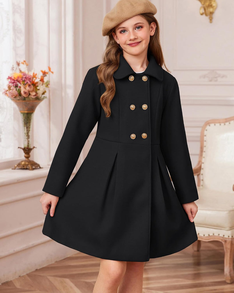 Girls Dress Coat Wool Peacoat with Lapel Pockets Winter Warm Long Jacket for Kids
