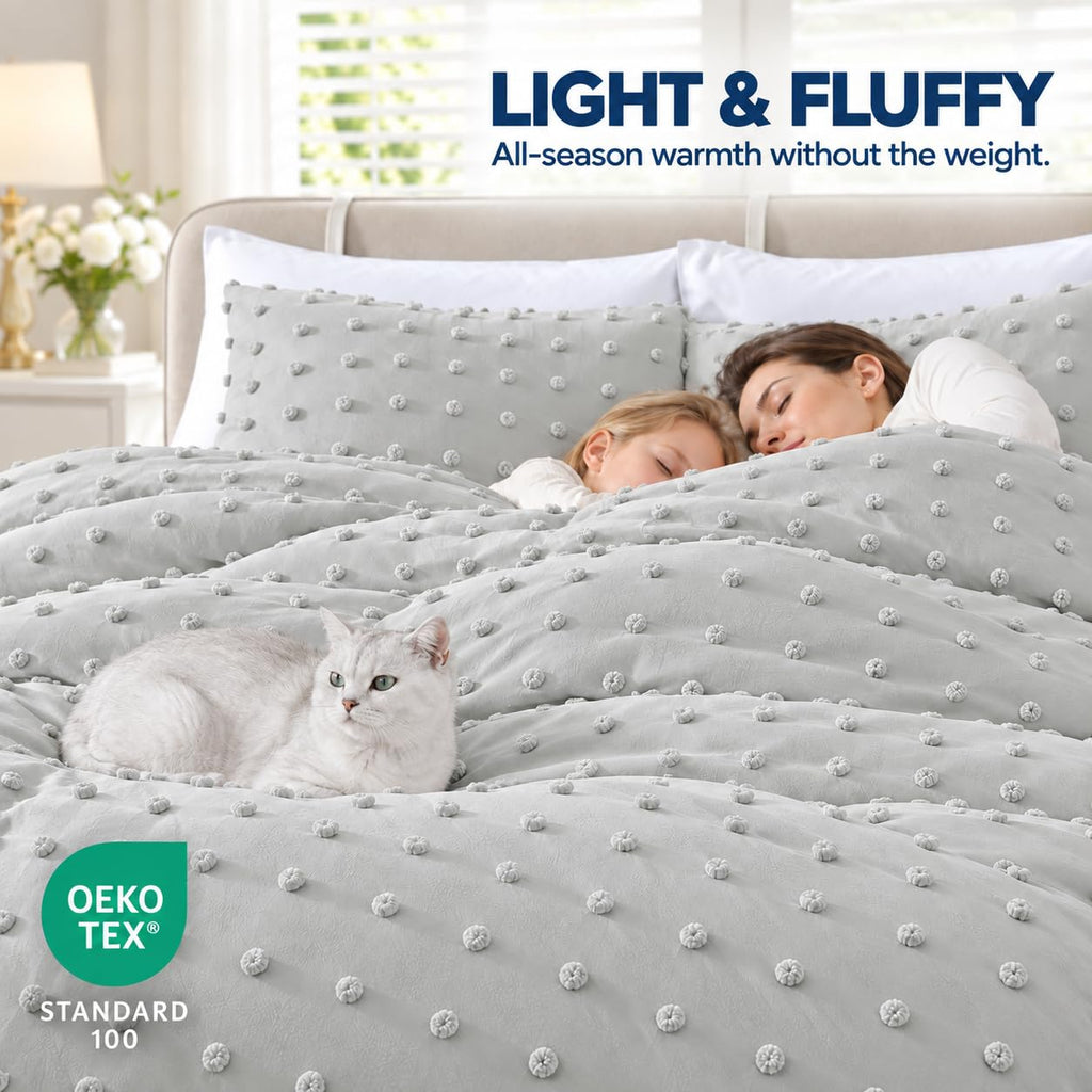 Home Comforter Set, Tufted Pom Poms, Gray