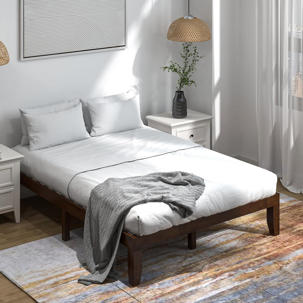 14 Inch Queen Wood Platform Bed Frame, Minimalist Style Mattress Foundation with Solid Rubber Wood, Heavy Duty Slat