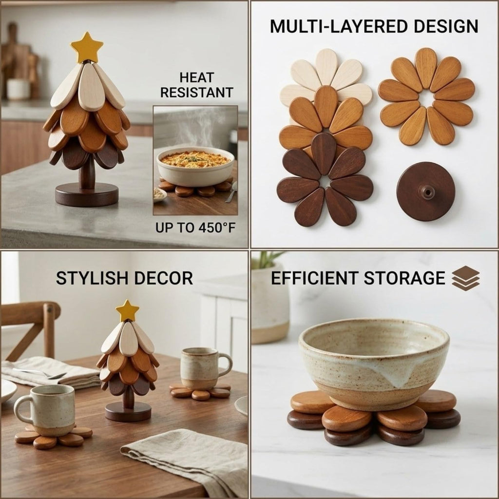 Wooden Tree Trivets for Hot Dishes, Christmas Tree Trivet with Stand, Natural Foldable Pot Holders for Hot - Set of 4
