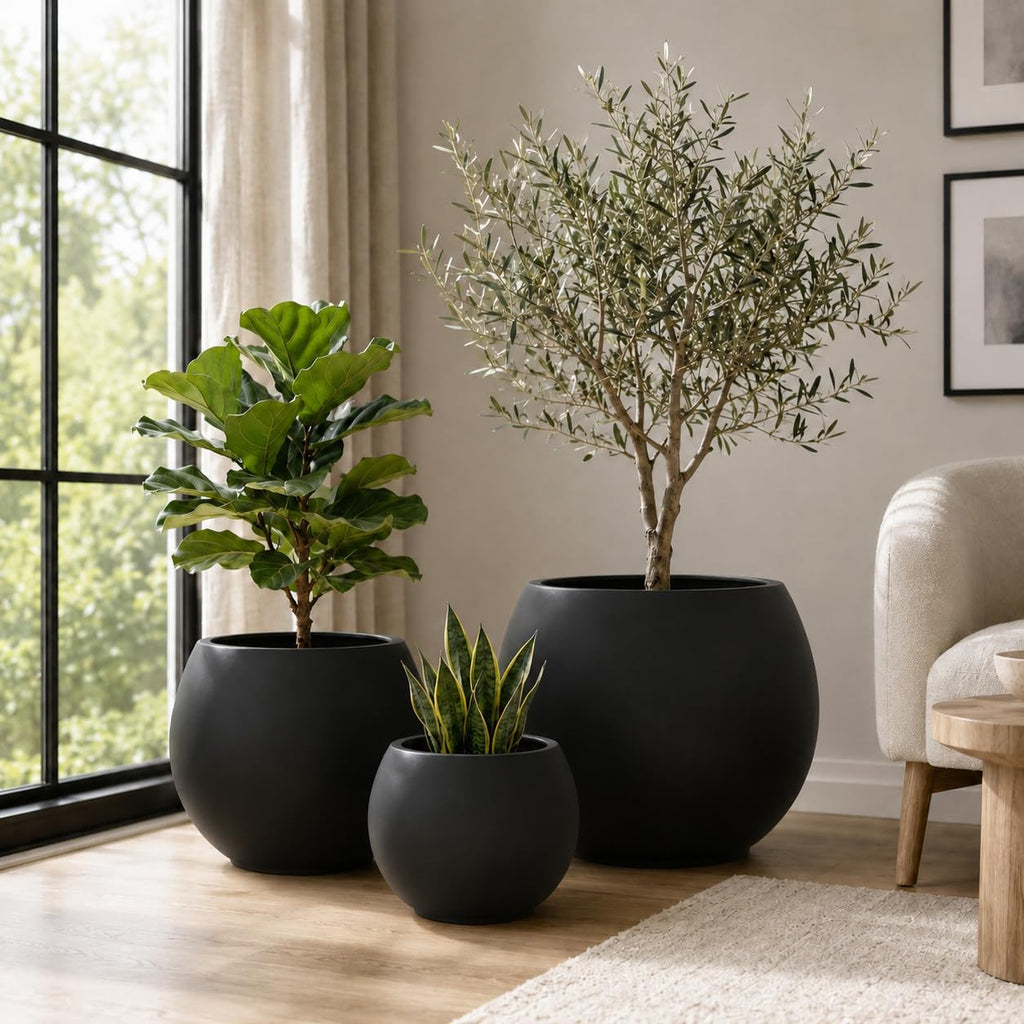 17" H x 21" Dia Modern Large Round Black Fiberstone Planter Pot with Drainage Hole, Lightweight UV-Resistant Planter