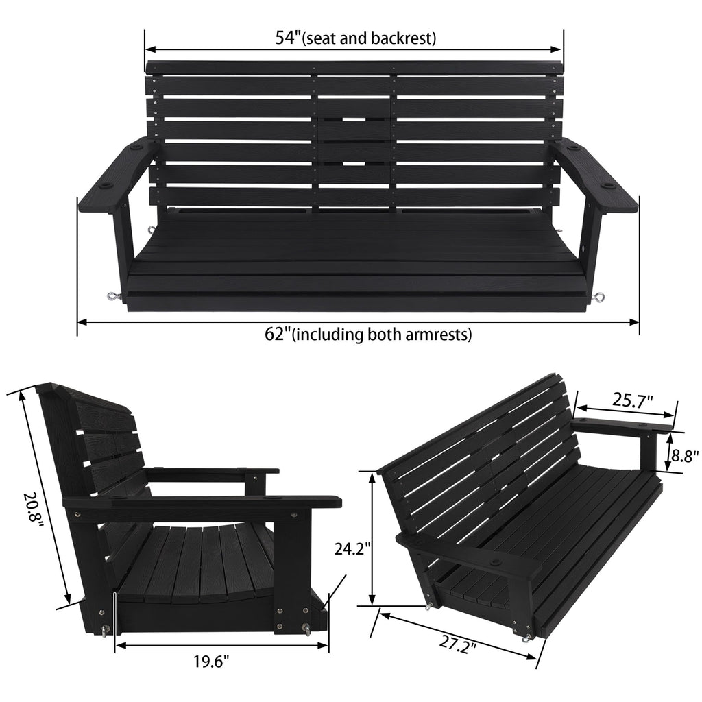 Poly Lumber 3-Seat Porch Swing, HIPS 5-Feet Bench Swing with Foldable Cup Holders, 18/8 Stainless Steel Hardware, High
