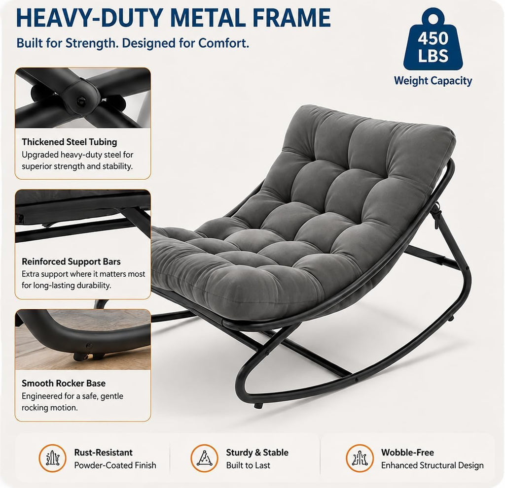 Outdoor Papasan Rocking Chair with Thick Cushion, 450 lb Capacity | Curved lounge profile, neutral gray finish and