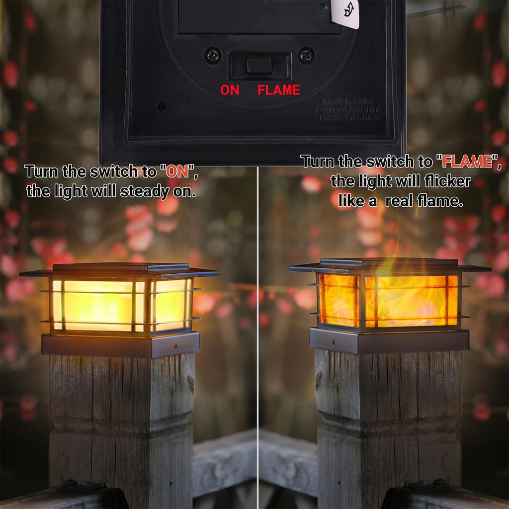 4x4 Solar Post Cap Lights Outdoor with Flickering Flame Light, 8 Pack Black Shell Fence Post Solar Lights Fit 4x4