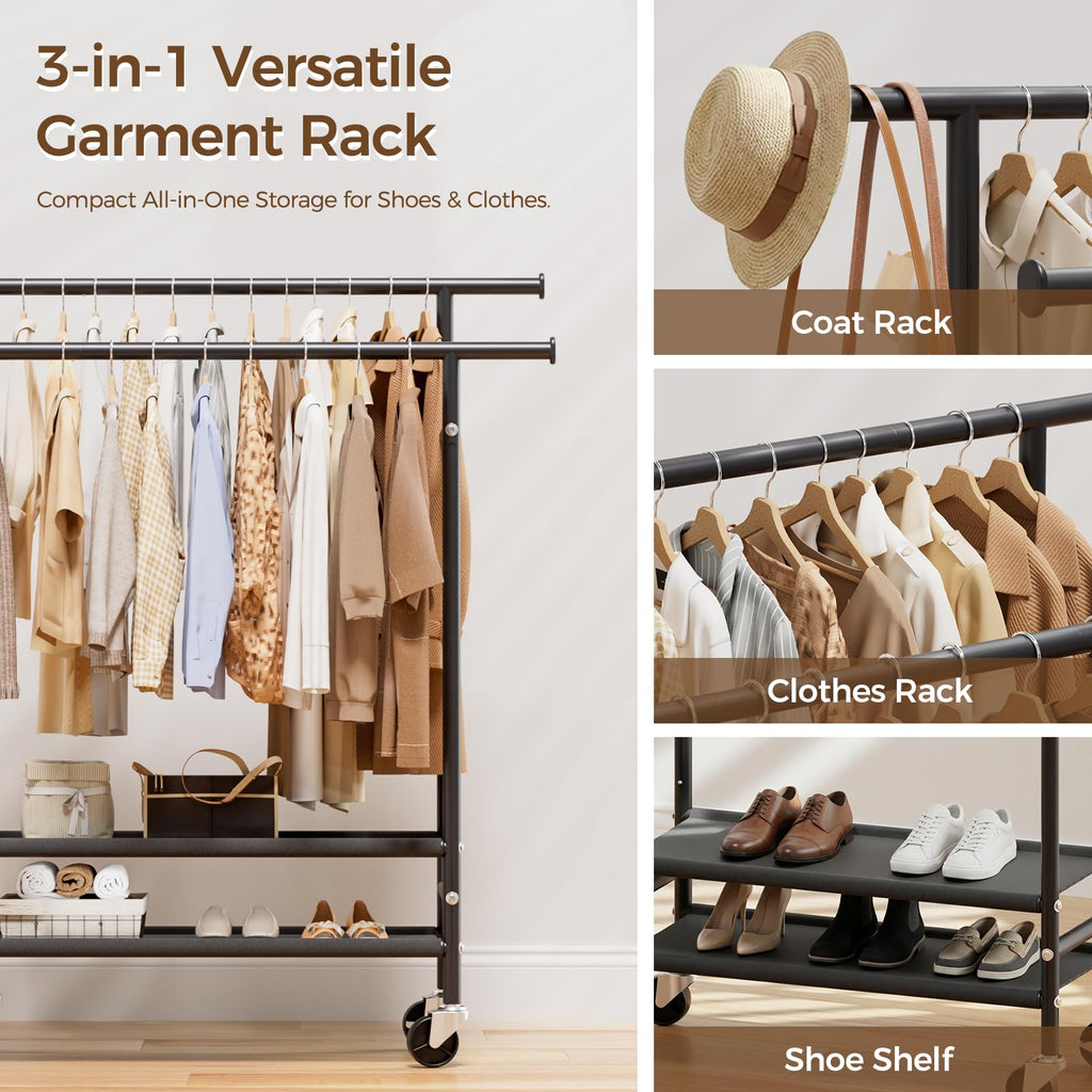 Double Rods Clothes Racks, Rolling Clothing Rack for Hanging Clothes with Wheels & Shelves, Portable Garment Coat