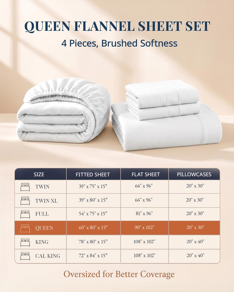 Flannel Bed Sheets Queen Size - 100% Cotton Breathable - White