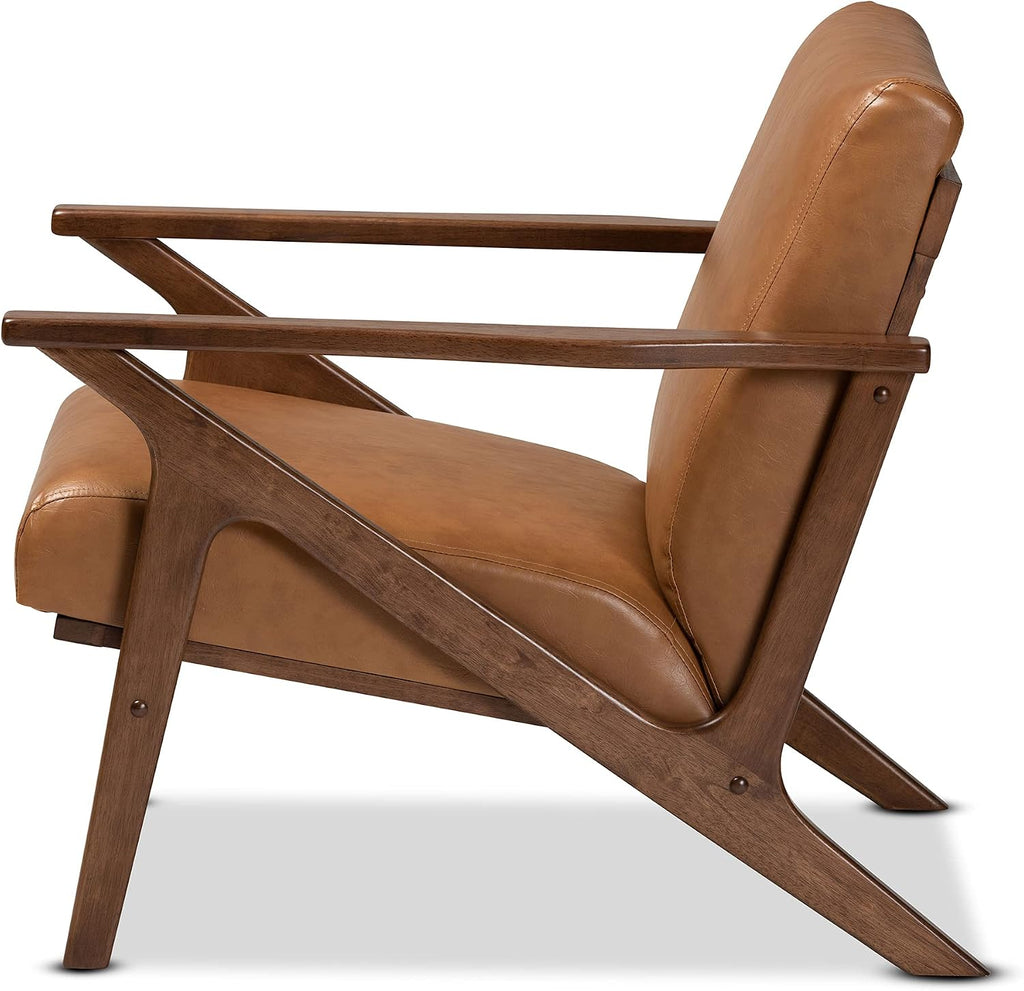 Bianca Mid-Century Modern Walnut Brown Finished Wood and Tan Faux Leather Effect Lounge Chair