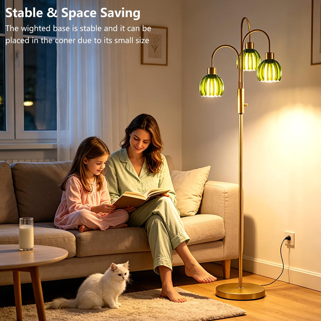 Green Glass Gold Floor Lamp 70" Modern Dimmable Tall Floor Lamps 3-Light