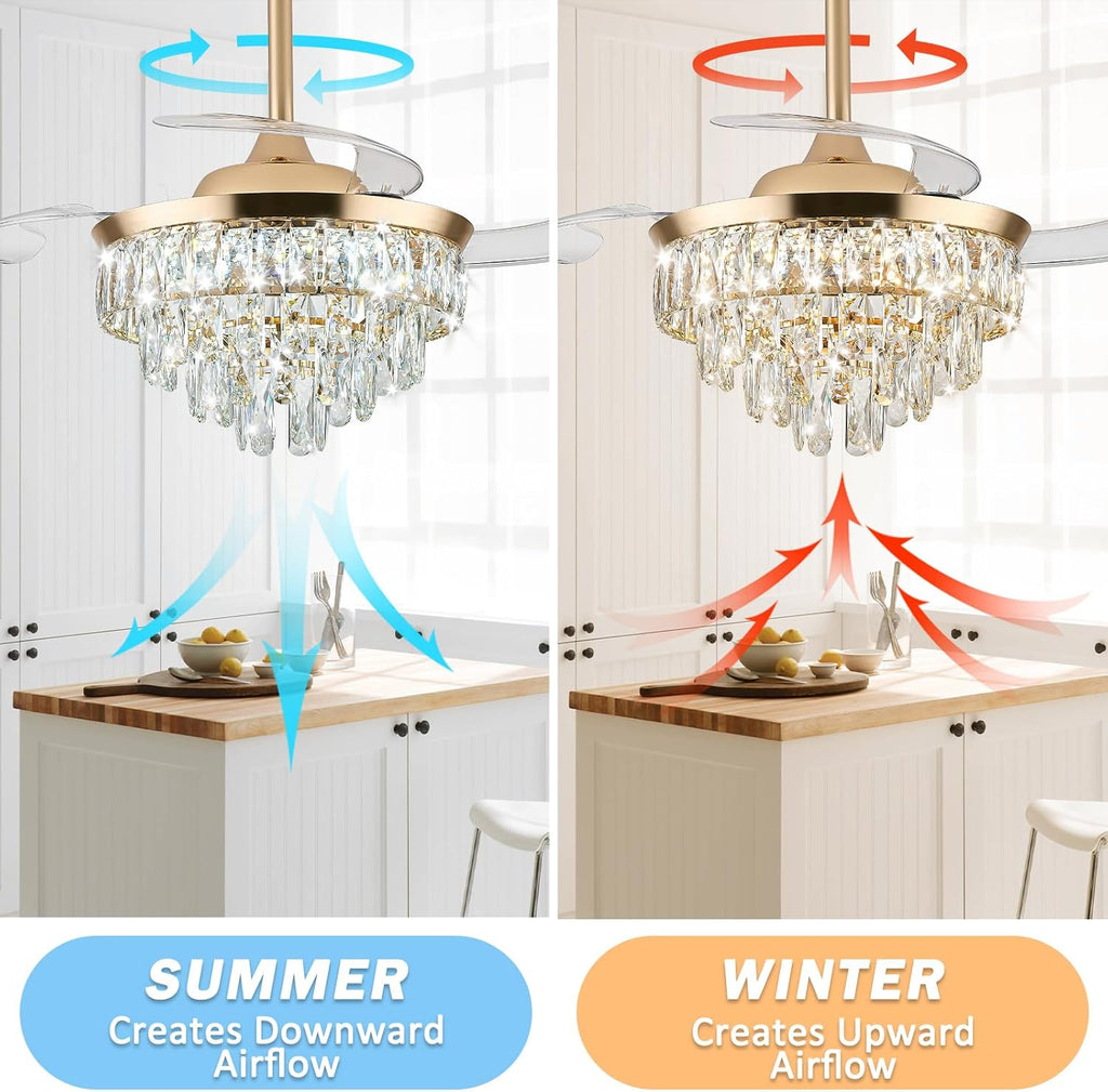 36" Crystal Ceiling Fan with Light, Retractable Fandelier with Remote/App