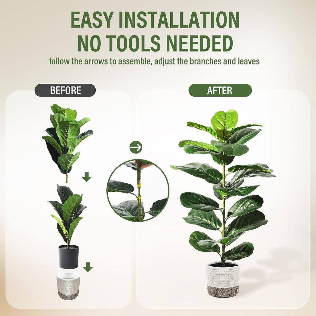 Faux Fiddle Leaf Fig Trees with Cotton Rope Basket, 30 Inches - Set of 2