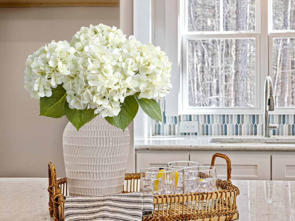 4PCS White Artificial Flowers Hydrangea 20" Real Touch Latex Faux Hydrangeas Silk Flowers with Green Leaves Stems for