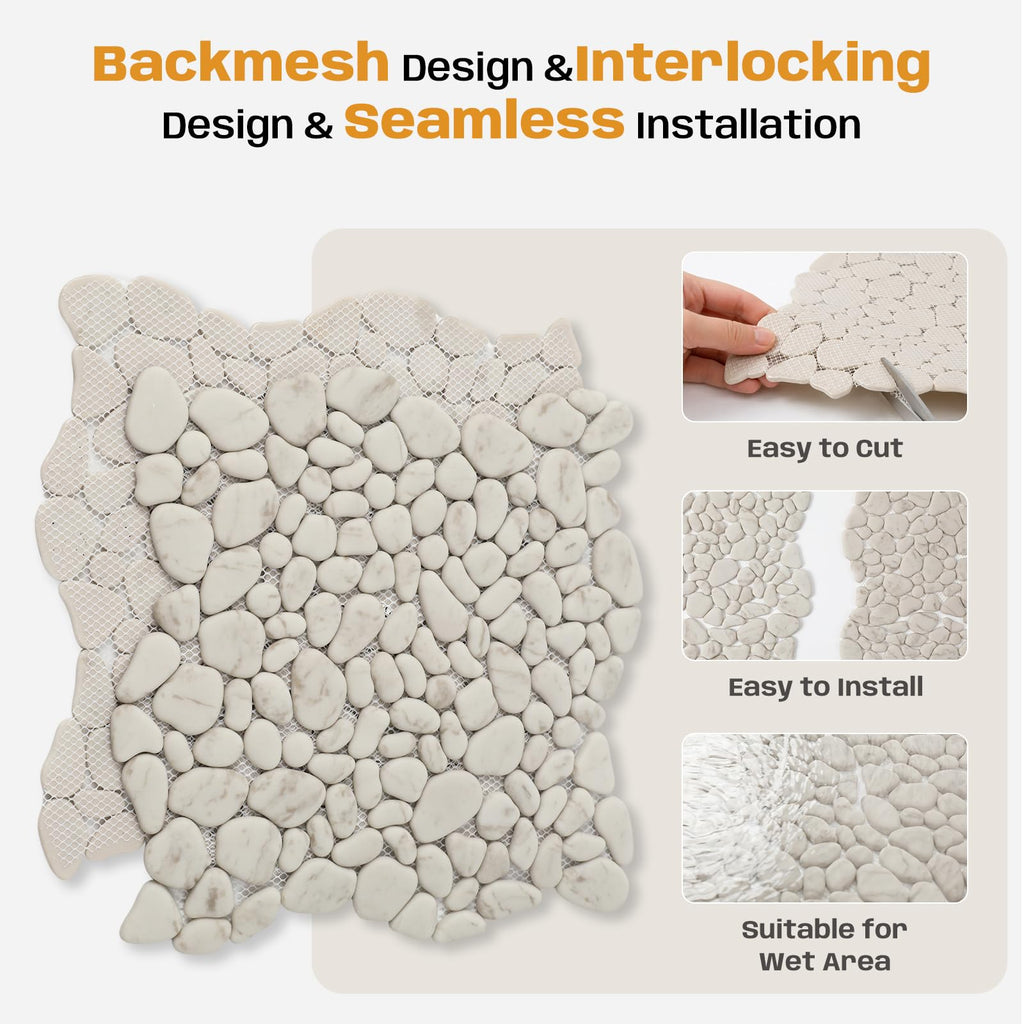 Beige Pebble Mosaic Tile, 12"X12" Pebble Floor Tiles, 8 Sheets