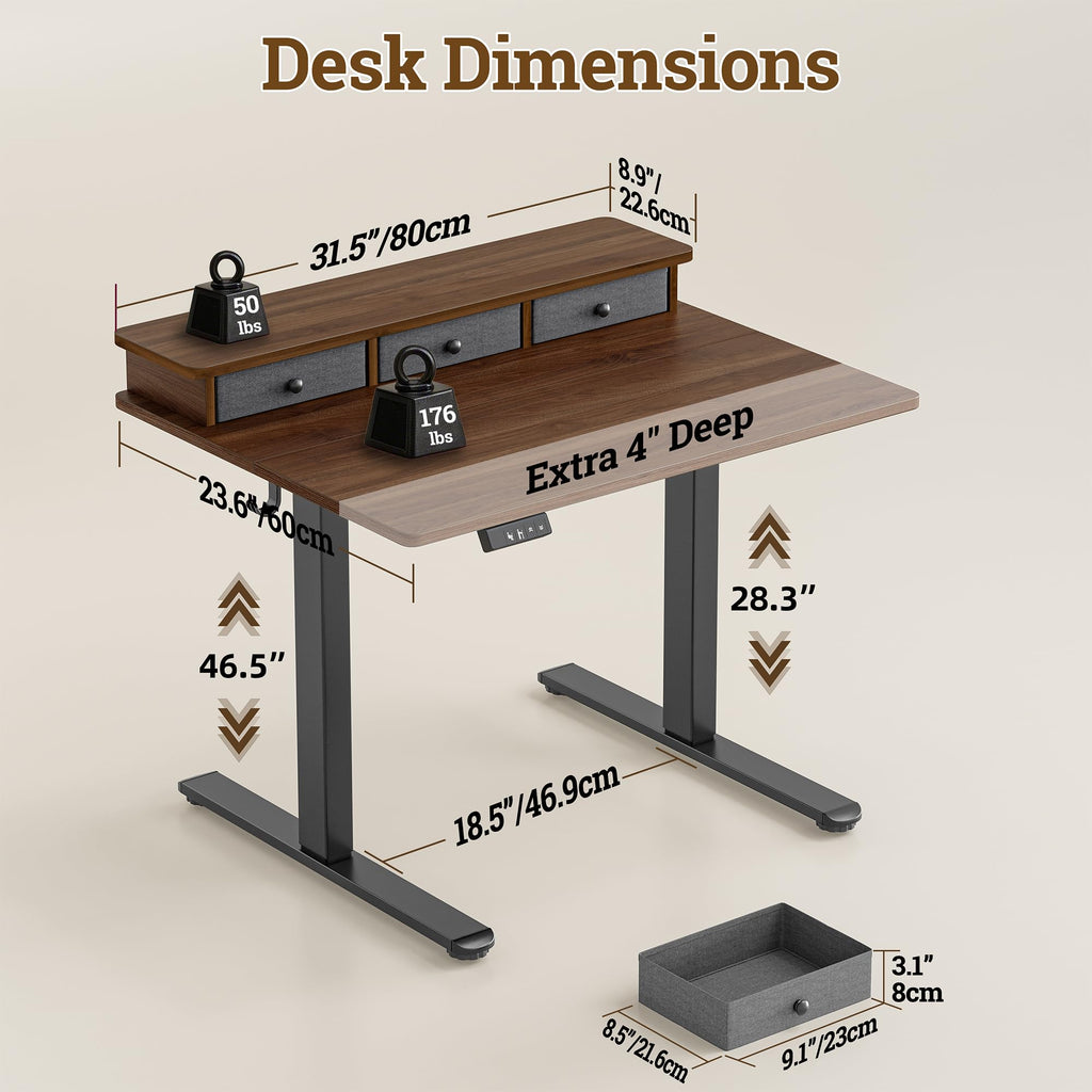 Small Standing Desk with 3 Drawers, 32" Computer Desk Vanity, Walnut
