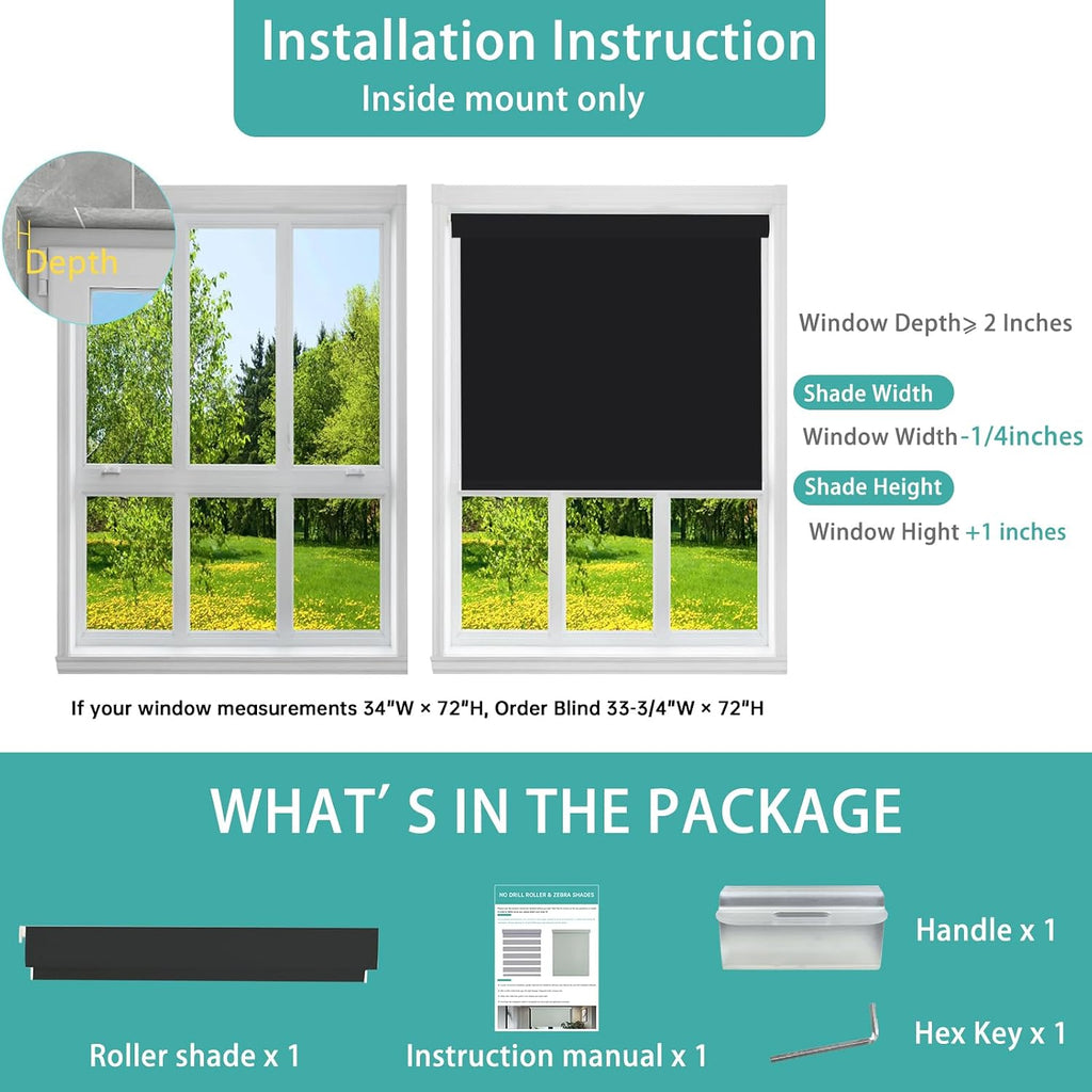 No Drill No Tools Blackout Roller Shades for Window, Cordless Roller Shades Thermal Insulated UV Protection Privacy