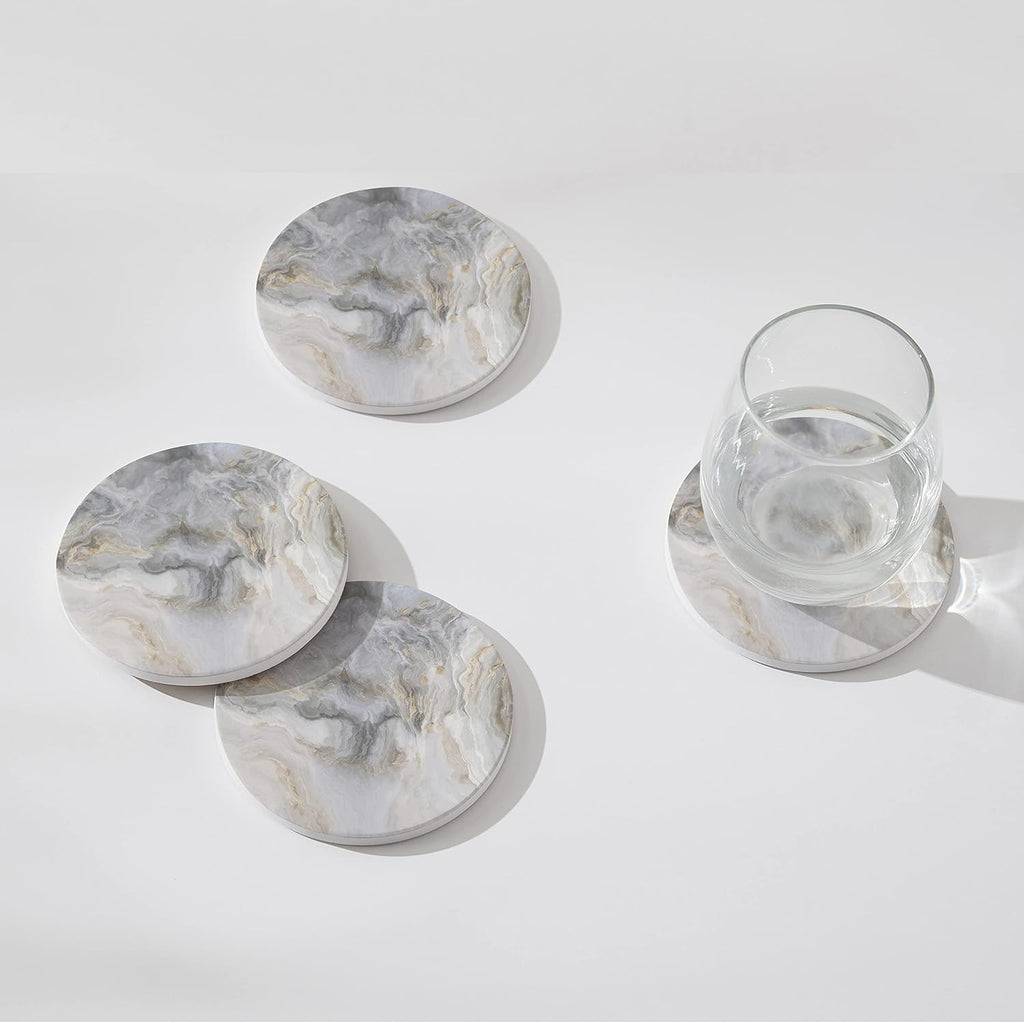 Abstract Gray White Marble Coasters with Holder, Absorbent Ceramic Coasters for Drinks, Coasters with Cork - Set of 6
