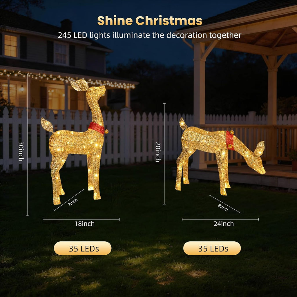 Christmas Deer Outdoor Decorations - 4 Piece 3D Lighted Deer Family Set with 245 LED Lights, Yard Christmas Decor