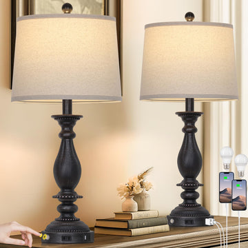 28" Tall Farmhouse Table Lamps Set of 2, Vintage Rustic Black Bedside Touch Lamp with USB C+A Ports & AC Outlet, 3-Way