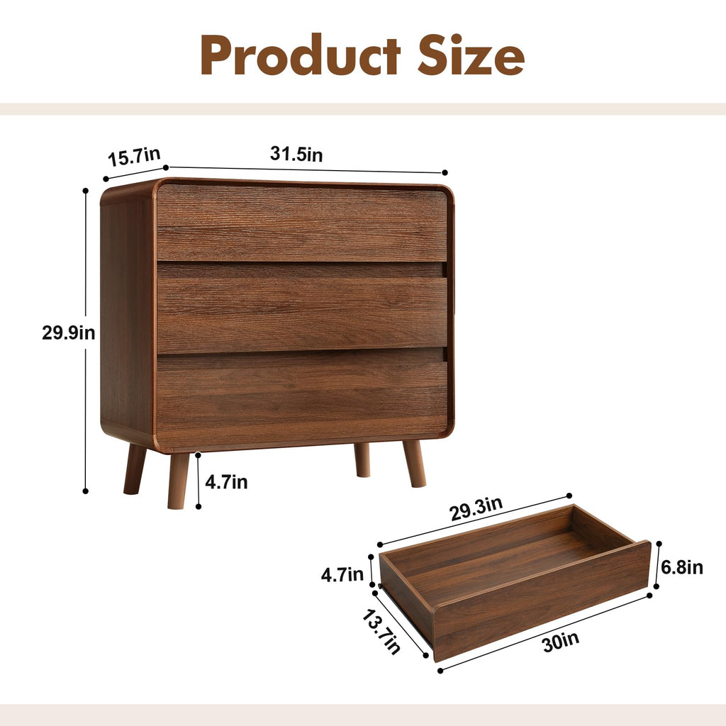 3 Drawer Dresser, Mid Century Modern Chest of Drawers, Curved Dresser with Storage Drawer, Wooden Bedroom Furniture