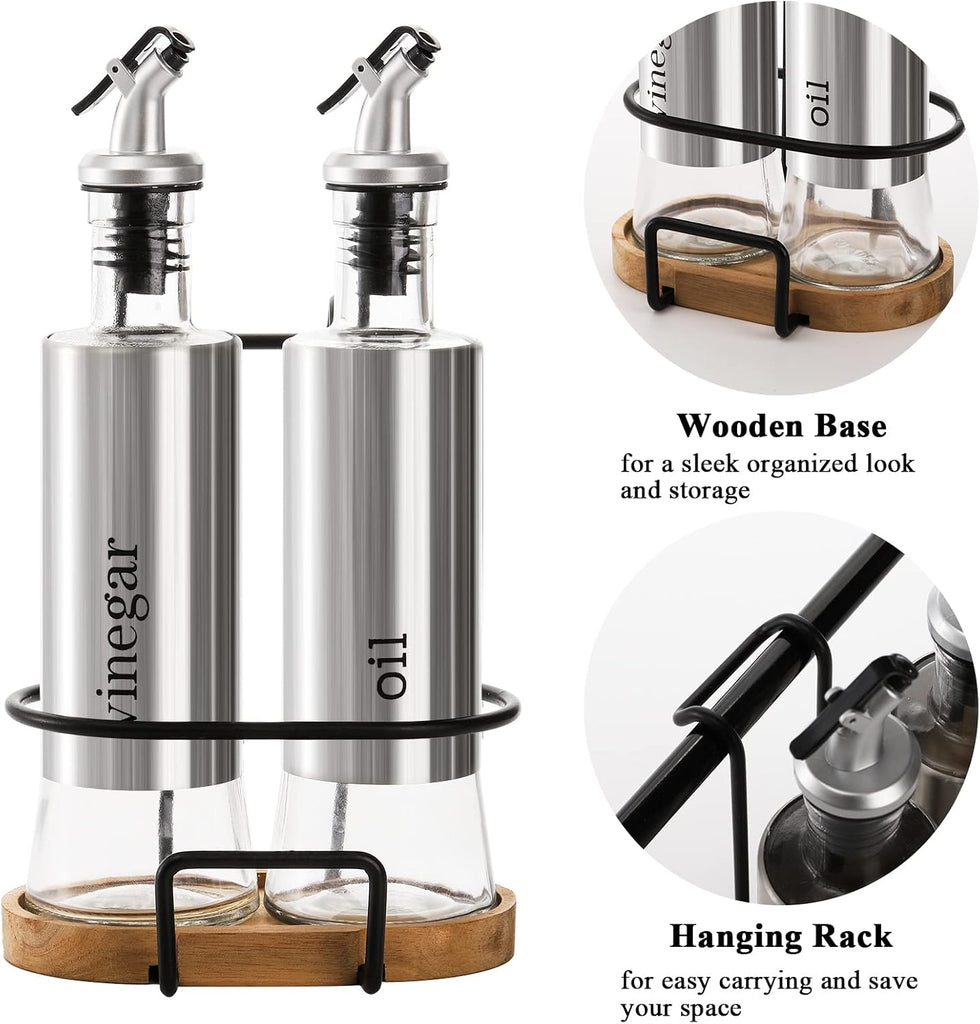 Olive Oil and Vinegar Bottle Set with Rack and Wooden Base, 10OZ Olive Dispenser Glass Cooking Oil Cruet - Set of 2