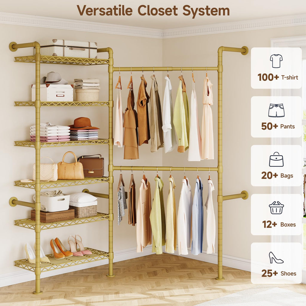 L2 Wall Mounted Closet System, Industrial Pipe Clothing Rack, Gold