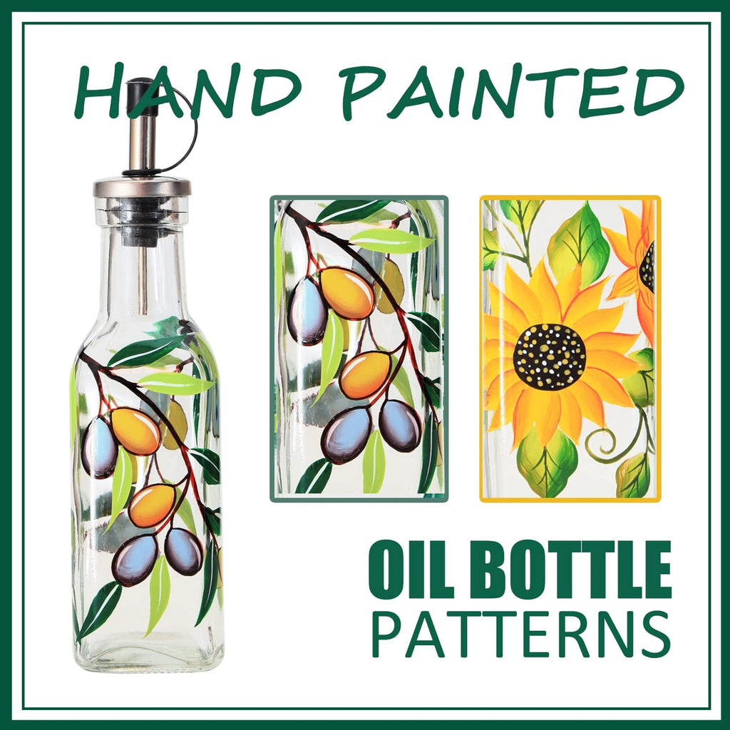 7oz Hand Painted Glass Olive Oil Bottle Dispenser - 200ml Green Oil & Vinegar Cruet with Pourers - Olive Oil Carafe - Set of 2